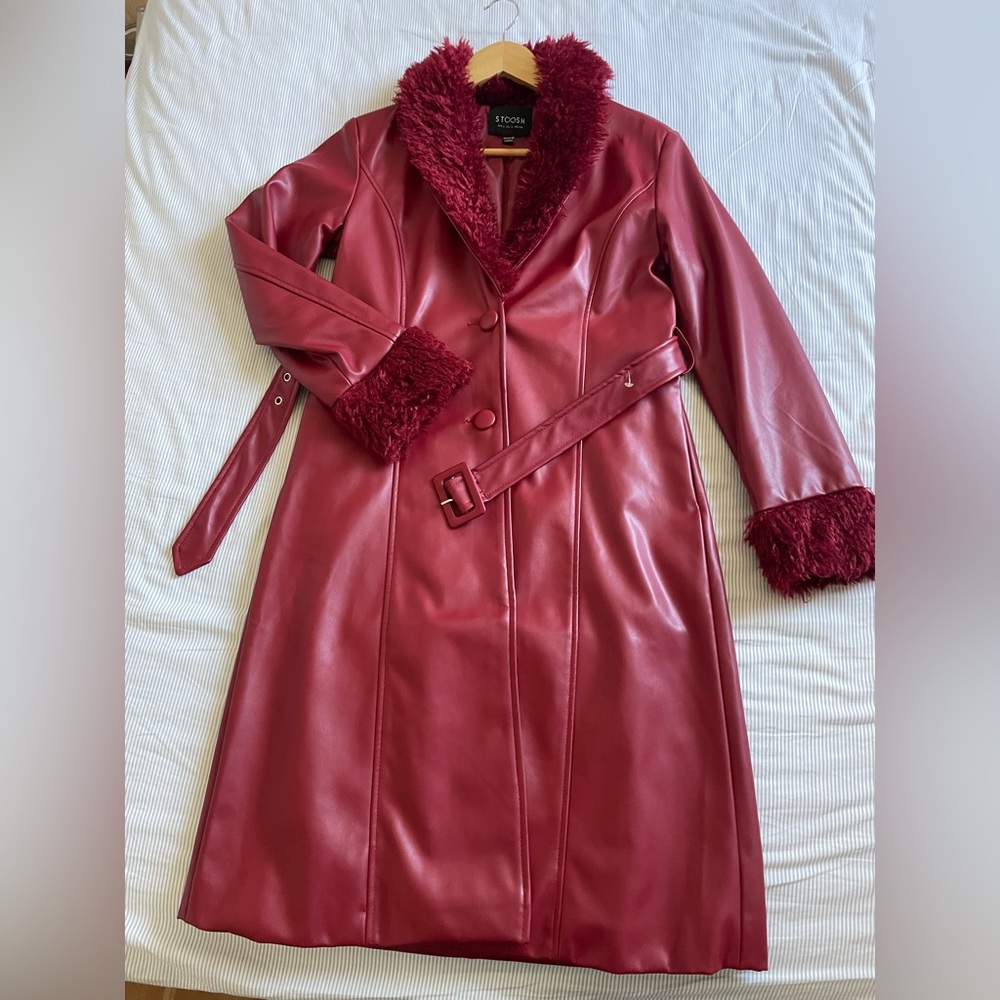 Stoosh Red Trench Coat with Belted Waist and Fur Cuffs
